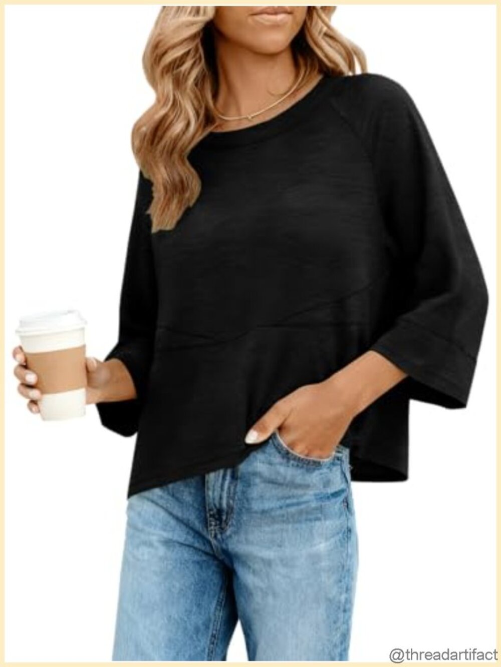 Womens Oversized Batwing 3/4 Sleeve T Shirt Loose Fit Casual Top